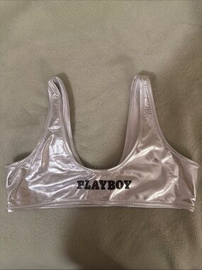 PLAYBOY Shimmer Silver Scoop Top